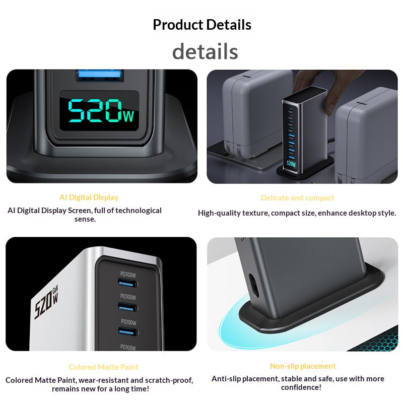 NCC666 520W Multi-Port GaN Fast Charger Intelligent Digital Display Rejse Desktop Ladestation