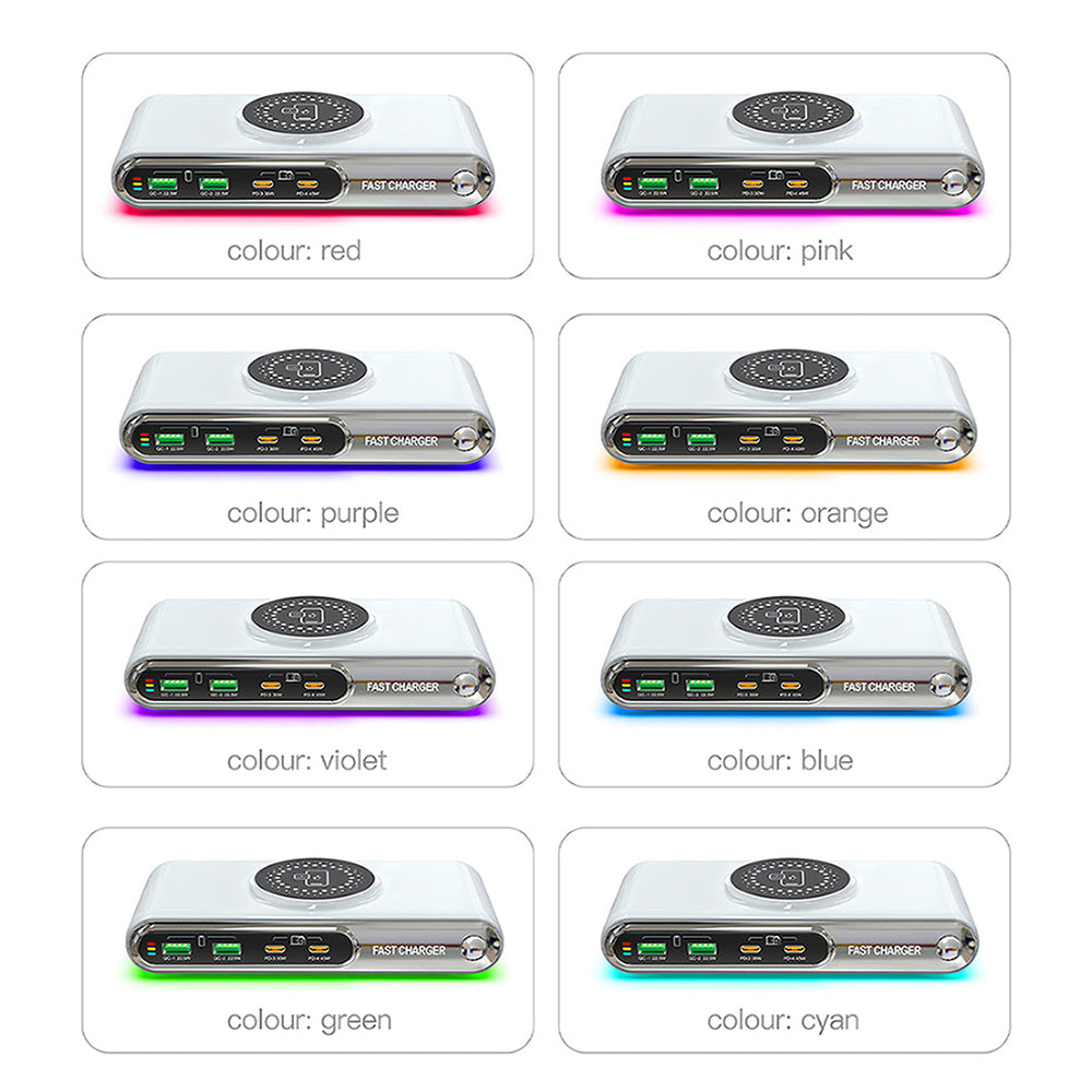 WLX-F9A Skrivebordsladestation 72W Multi-Port Oplader Trådløs Opladningsdock med RGB-stemningslys