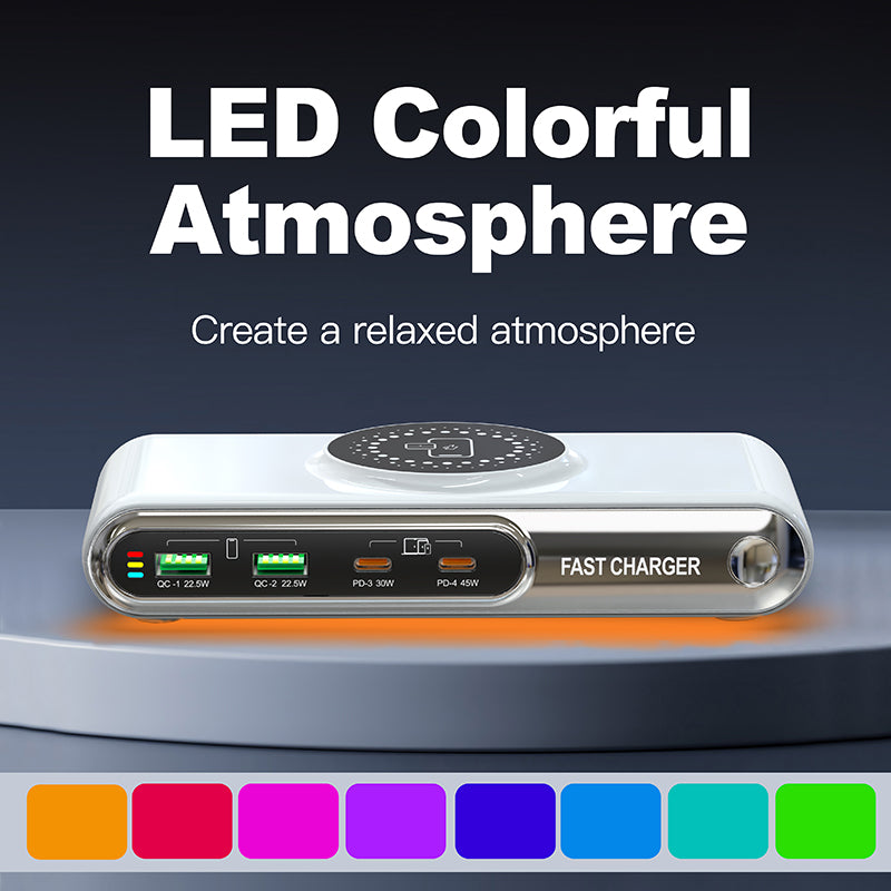 WLX-F9A Skrivebordsladestation 72W Multi-Port Oplader Trådløs Opladningsdock med RGB-stemningslys