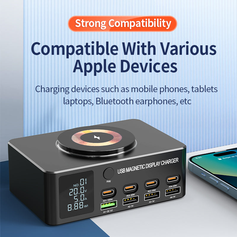 WLX-818D+ Smart Display Multi-Port Charger PD 140W Fast Charging Station Magnetic Wireless Charger