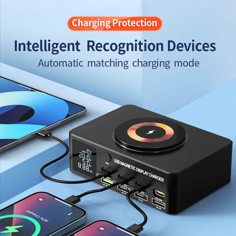 WLX-818D+ Smart Display Multi-Port Charger PD 140W Fast Charging Station Magnetic Wireless Charger