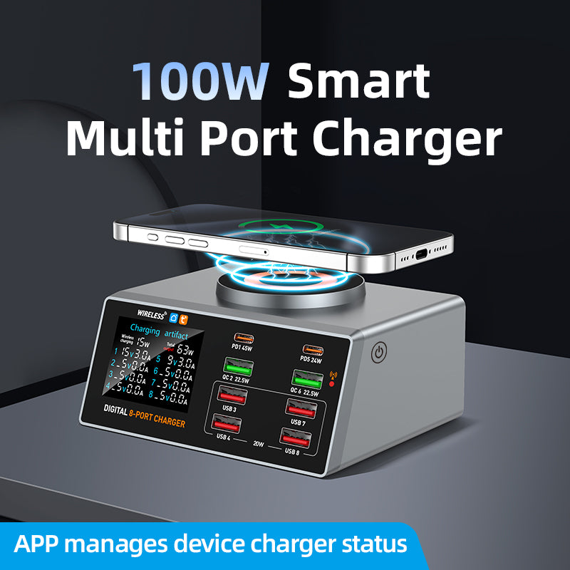 WLX-X9A Smart Display APP Control 100W Multi-port Desktop Charger Magnetic Wireless Charging Station