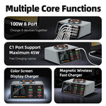 WLX-X9A Smart Display APP Control 100W Multi-port Desktop Charger Magnetic Wireless Charging Station