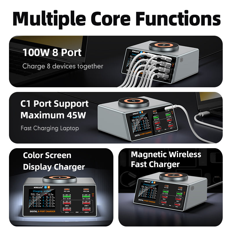 WLX-X9A Smart Display APP Control 100W Multi-port Desktop Charger Magnetic Wireless Charging Station