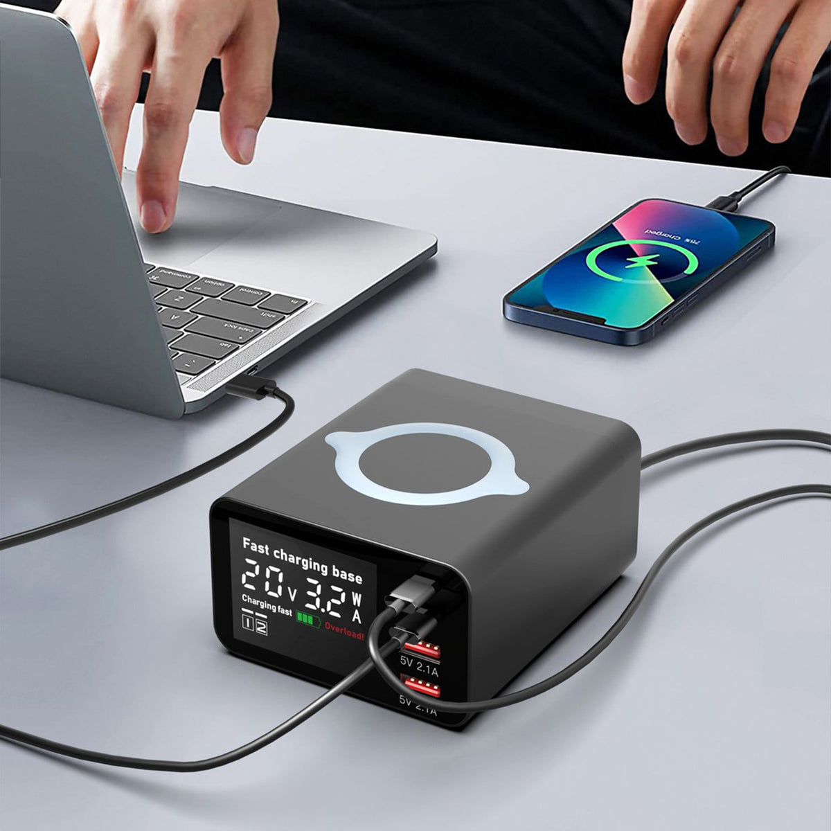 WLX-X9C 110W Multi-Port Charging Hub with Digital Display Wireless Charger Power Station
