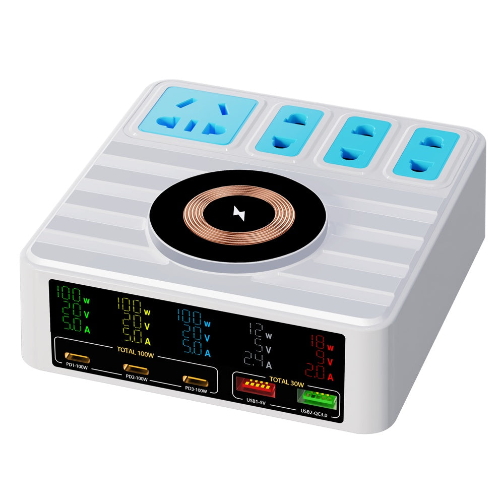 WLX-H13 140W Intelligent Digital Display Multi-Port Smart Lynoplader med Trådløs Opladning og Strømskinne, EU Stik