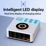 WLX-H13 140W Intelligent Digital Display Multi-Port Smart Lynoplader med Trådløs Opladning og Strømskinne, EU Stik