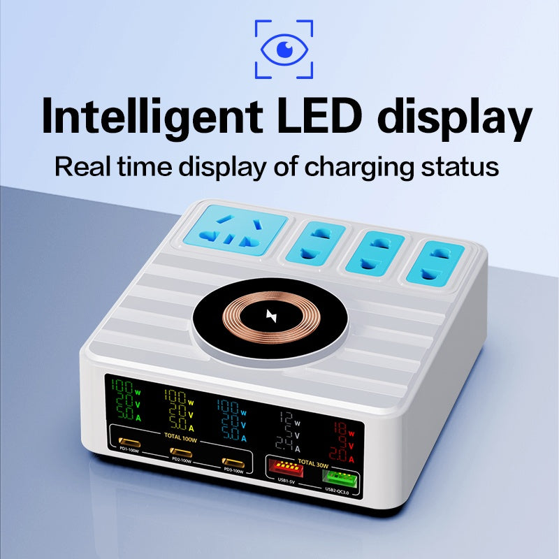 WLX-H13 140W Intelligent Digital Display Multi-Port Smart Lynoplader med Trådløs Opladning og Strømskinne, EU Stik
