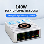 WLX-H13 140W Intelligent Digital Display Multi-Port Smart Lynoplader med Trådløs Opladning og Strømskinne, EU Stik