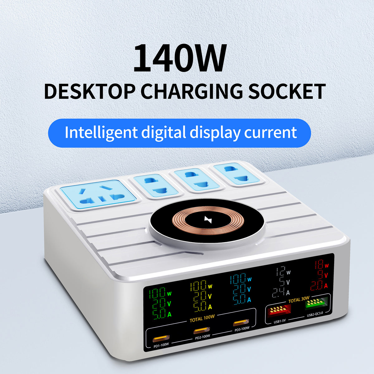 WLX-H13 140W Intelligent Digital Display Multi-Port Smart Lynoplader med Trådløs Opladning og Strømskinne, EU Stik