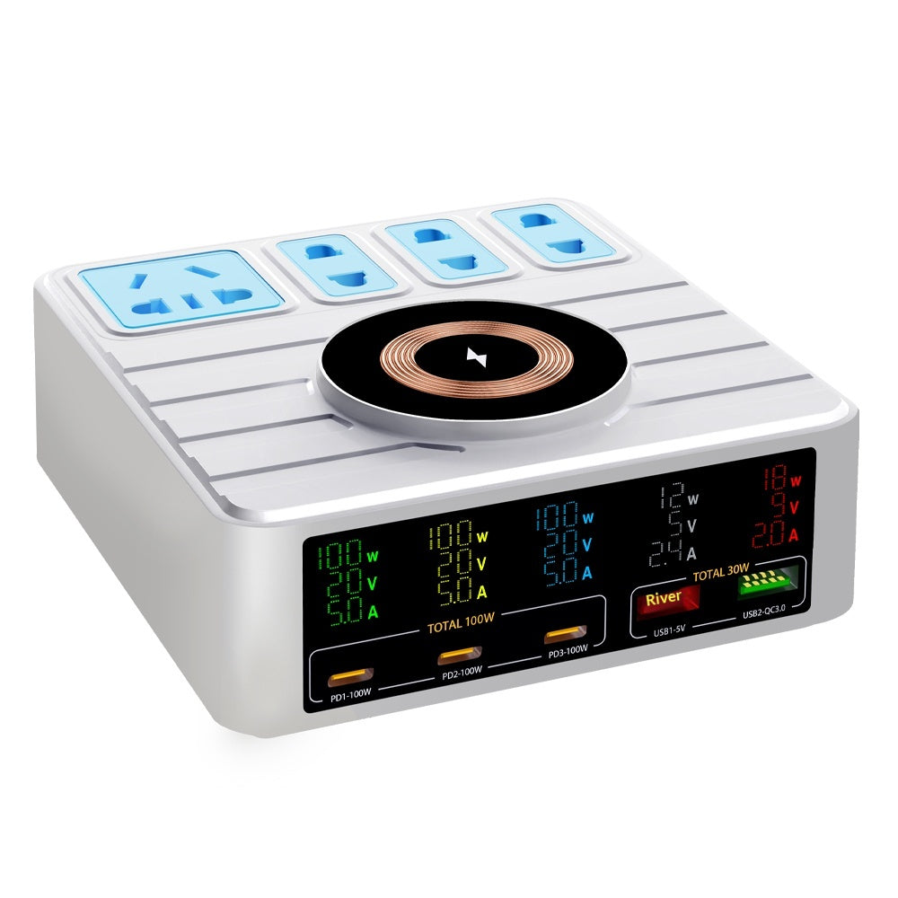 WLX-H13 140W Intelligent Digital Display Multi-Port Smart Lynoplader med Trådløs Opladning og Strømskinne, EU Stik