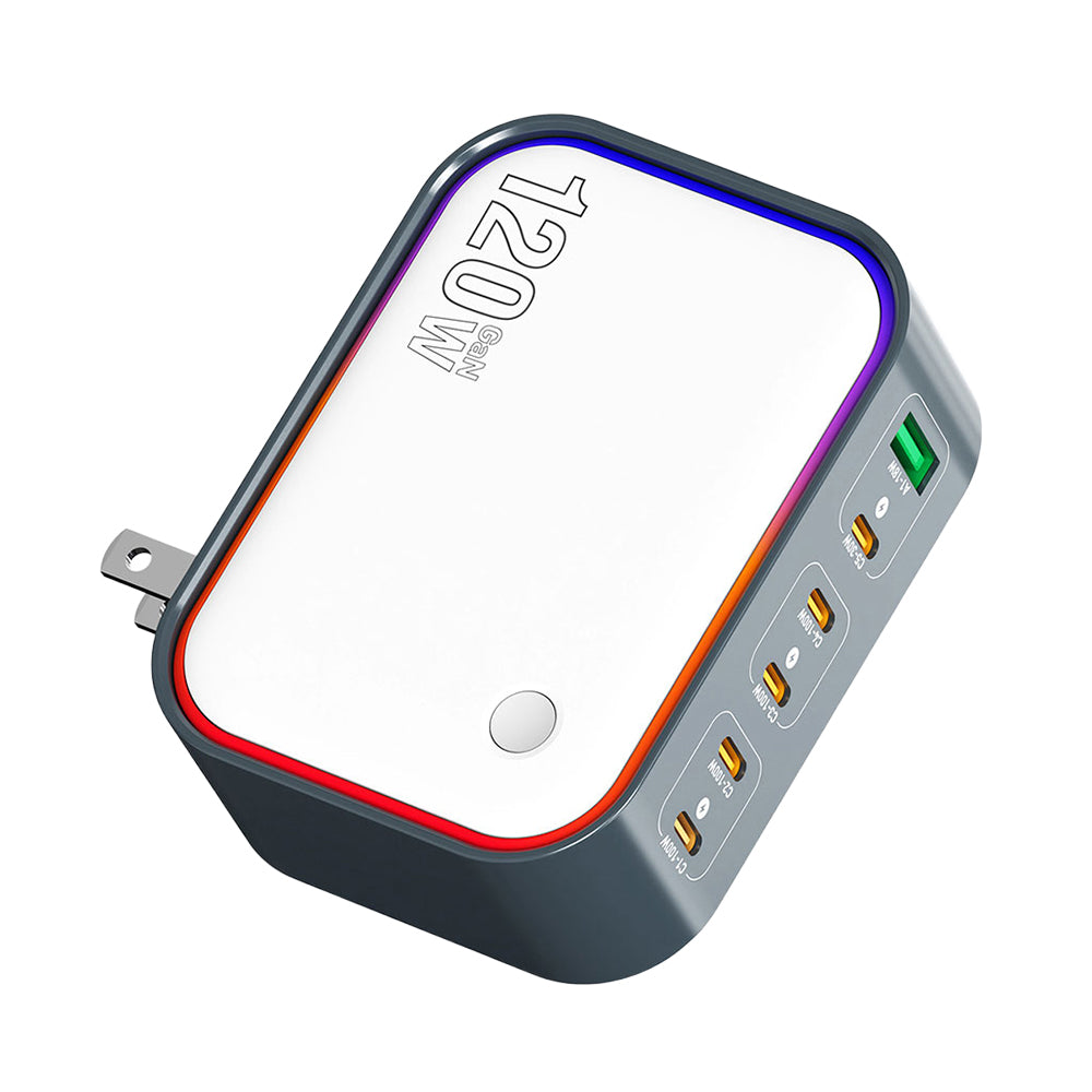 WLX-P 120W 6-ports opladerstation til skrivebord Bærbar GaN-hurtigoplader med foldbart stik