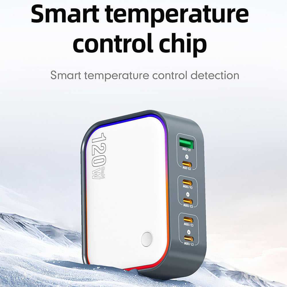 WLX-P 120W 6-ports opladerstation til skrivebord Bærbar GaN-hurtigoplader med foldbart stik