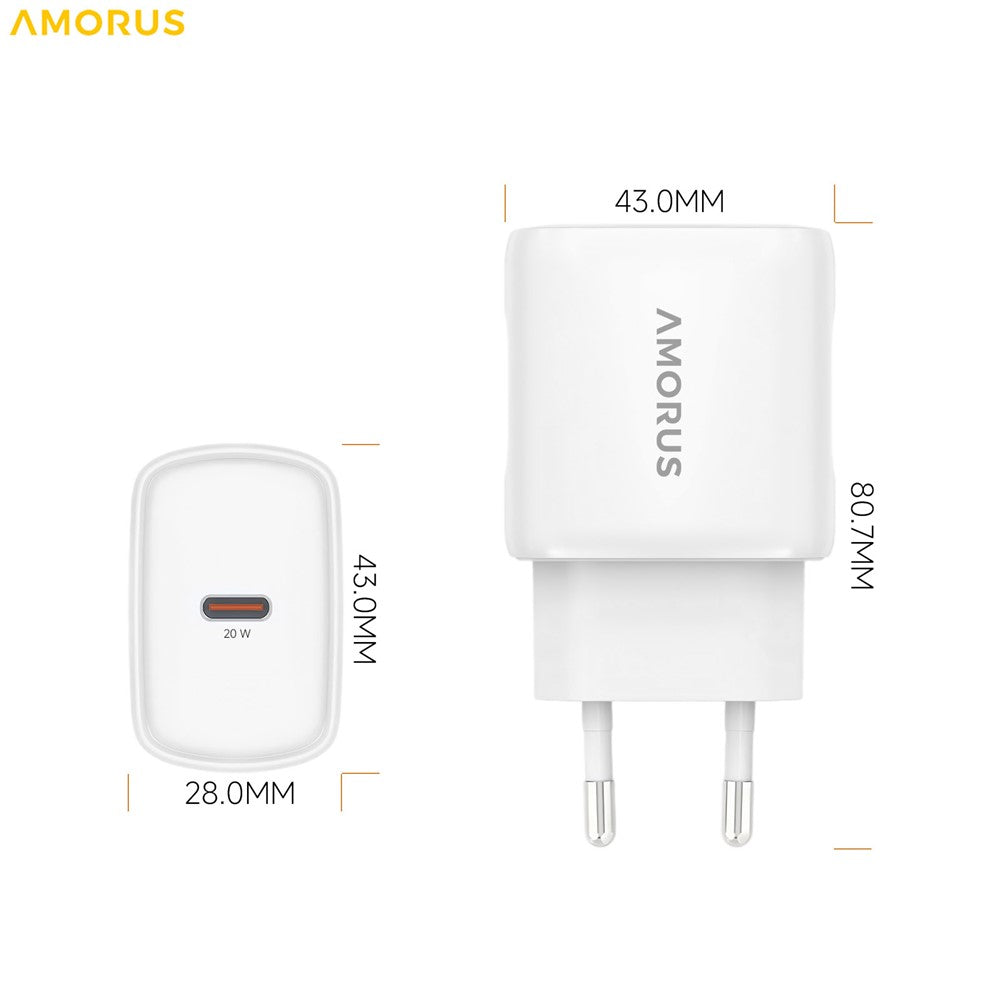 AMORUS PD 20W Type-C Fast Charging Wall Charger for Smartphone / Tablet / Laptop USB-C Power Adapter, EU Plug