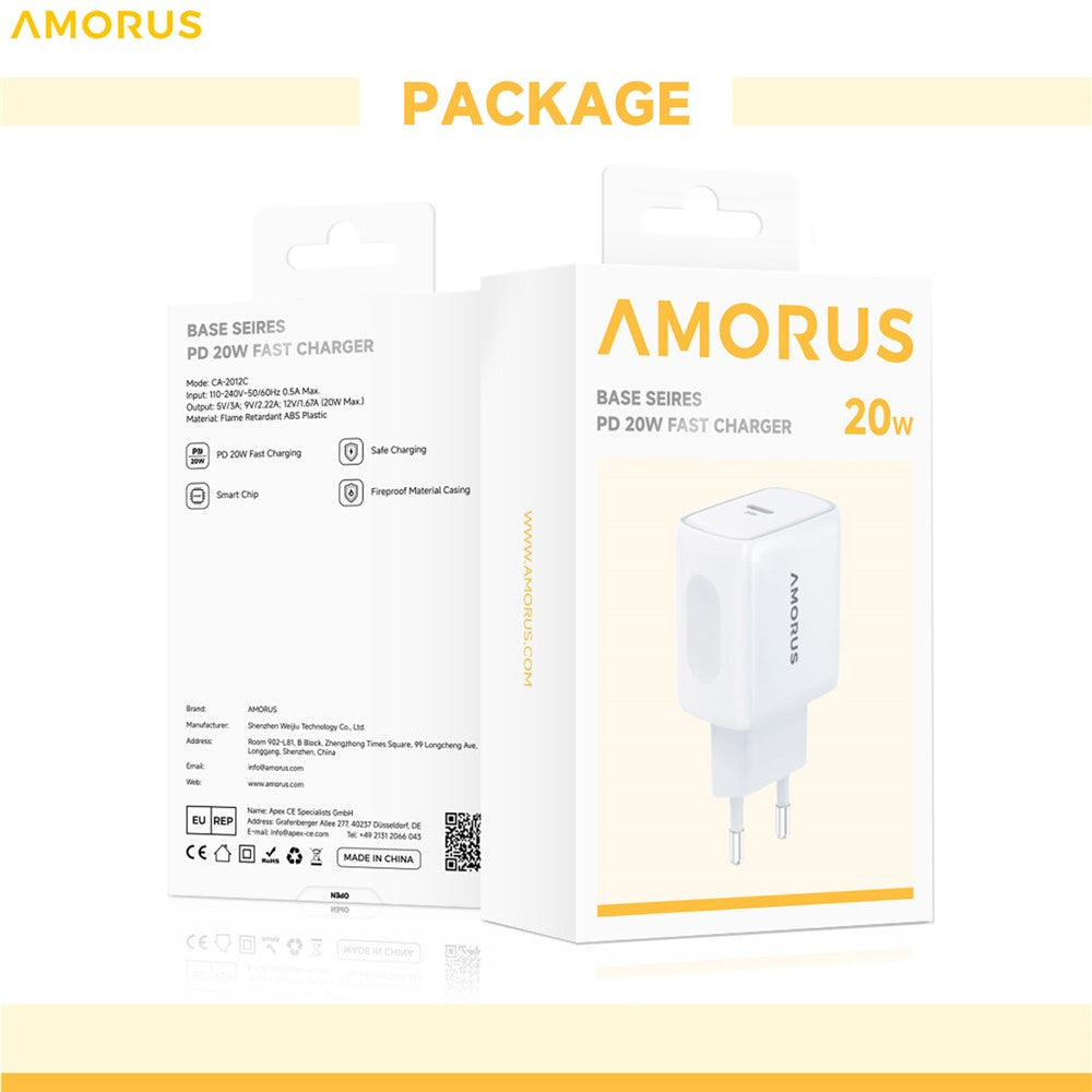 AMORUS PD 20W Type-C Fast Charging Wall Charger for Smartphone / Tablet / Laptop USB-C Power Adapter, EU Plug