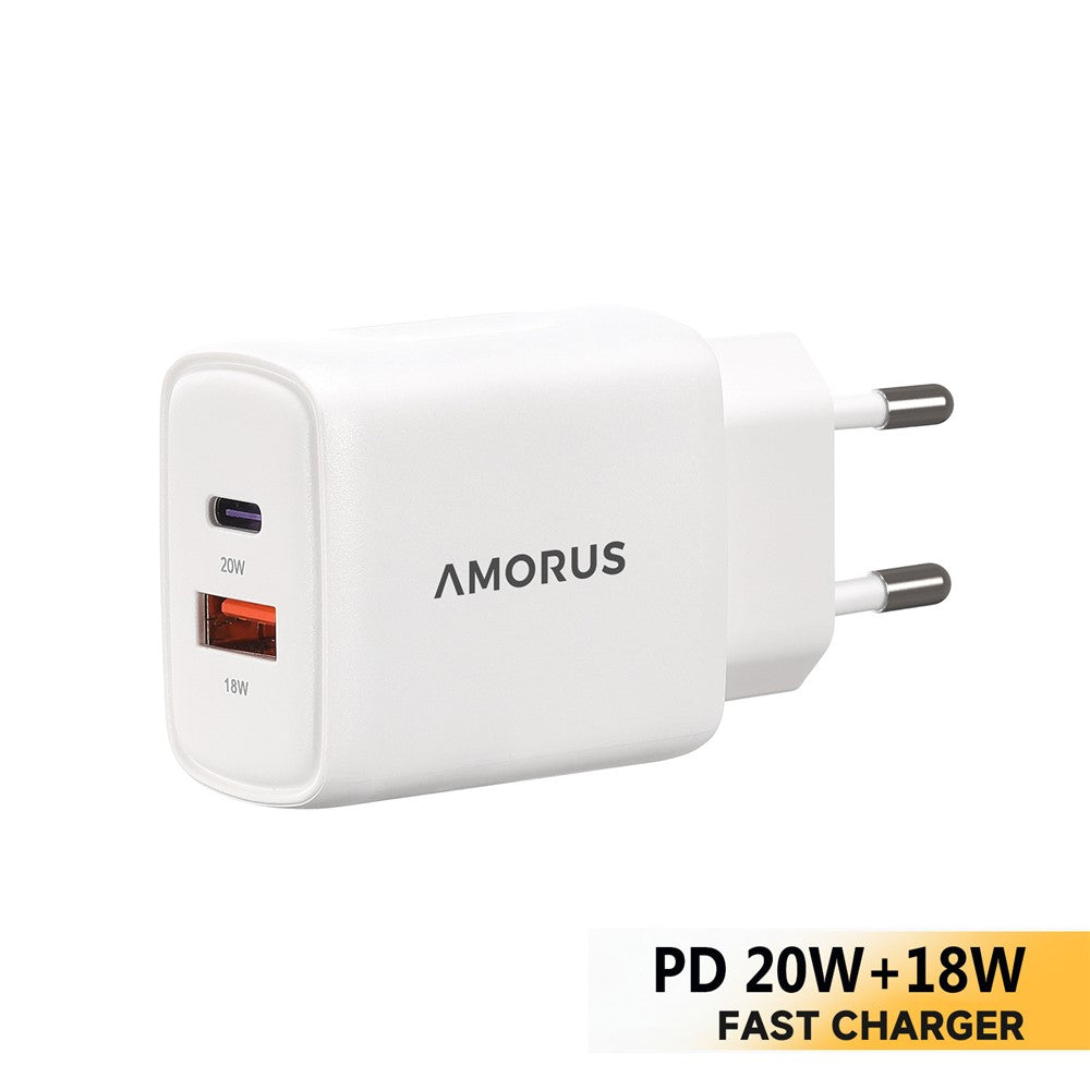 AMORUS PD 20W USB-C + 18W USB-A Fast Charging Wall Charger Dual Port Smart Power Adapter, EU Plug