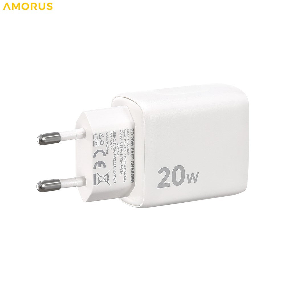 AMORUS PD 20W USB-C + 18W USB-A Fast Charging Wall Charger Dual Port Smart Power Adapter, EU Plug