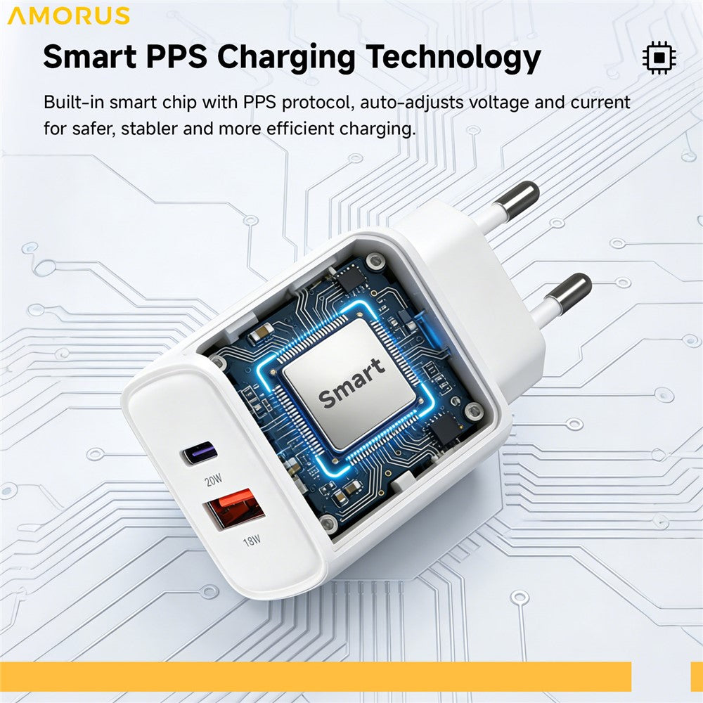 AMORUS PD 20W USB-C + 18W USB-A Fast Charging Wall Charger Dual Port Smart Power Adapter, EU Plug