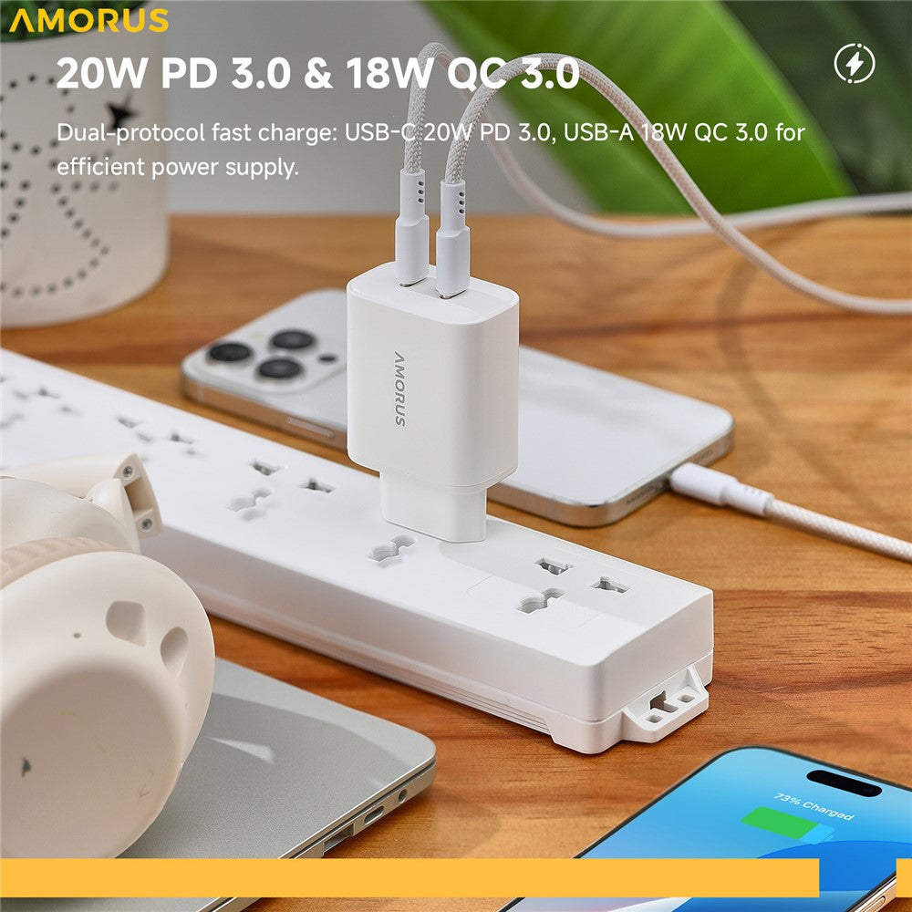 AMORUS PD 20W USB-C + 18W USB-A Fast Charging Wall Charger Dual Port Smart Power Adapter, EU Plug