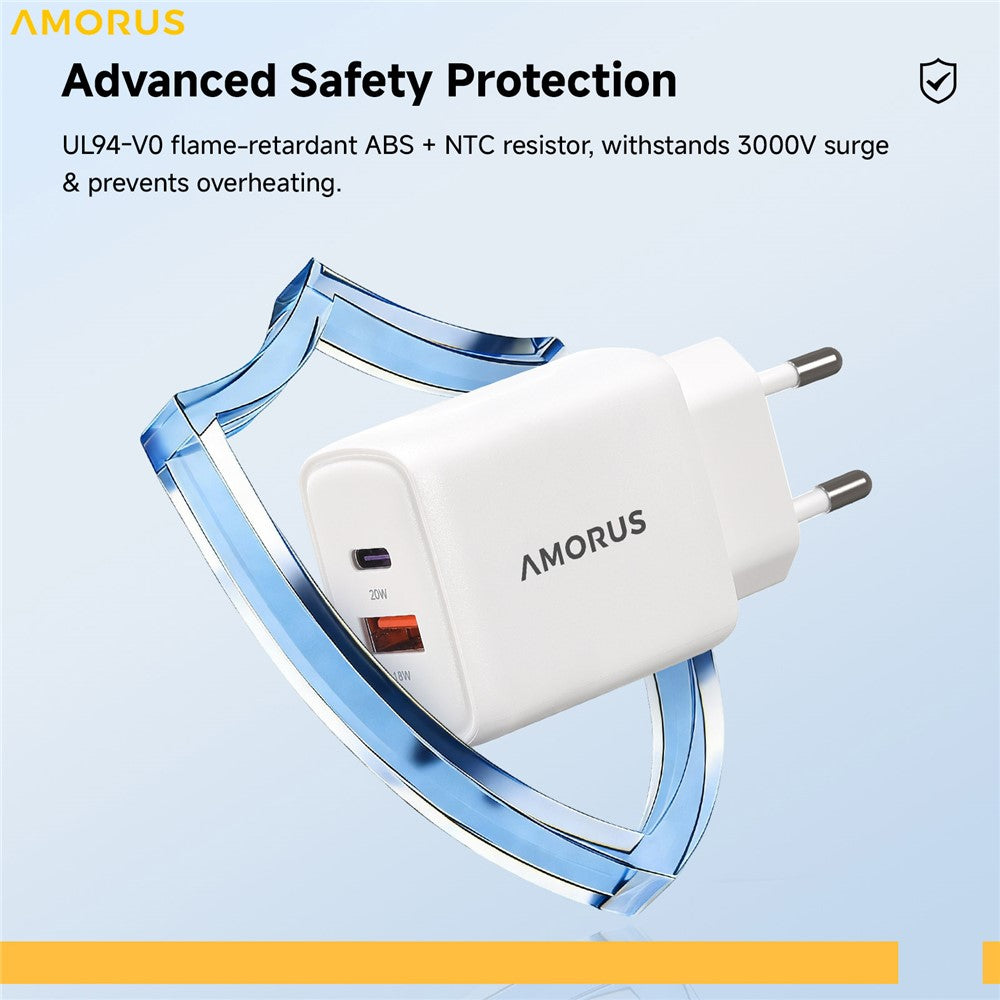 AMORUS PD 20W USB-C + 18W USB-A Fast Charging Wall Charger Dual Port Smart Power Adapter, EU Plug
