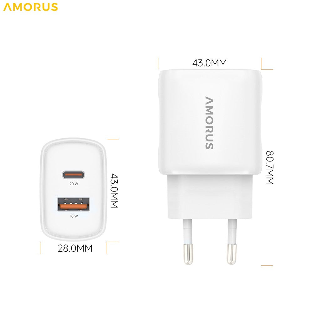 AMORUS PD 20W USB-C + 18W USB-A Fast Charging Wall Charger Dual Port Smart Power Adapter, EU Plug