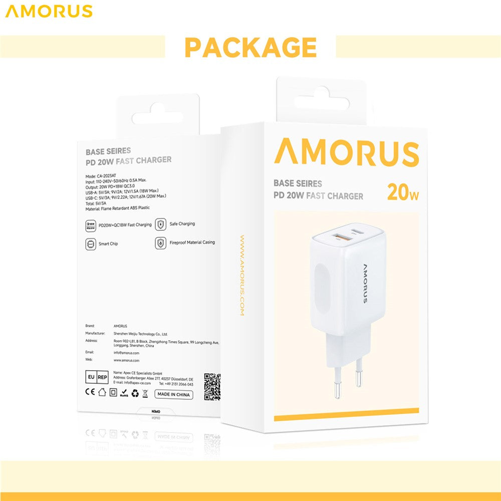 AMORUS PD 20W USB-C + 18W USB-A Fast Charging Wall Charger Dual Port Smart Power Adapter, EU Plug