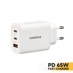 AMORUS PD 65W Fast Charging Wall Charger USB-A + Dual Type-C GaN Power Adapter for Laptop / Smartphone / Tablet, EU Plug