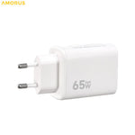 AMORUS PD 65W Fast Charging Wall Charger USB-A + Dual Type-C GaN Power Adapter for Laptop / Smartphone / Tablet, EU Plug