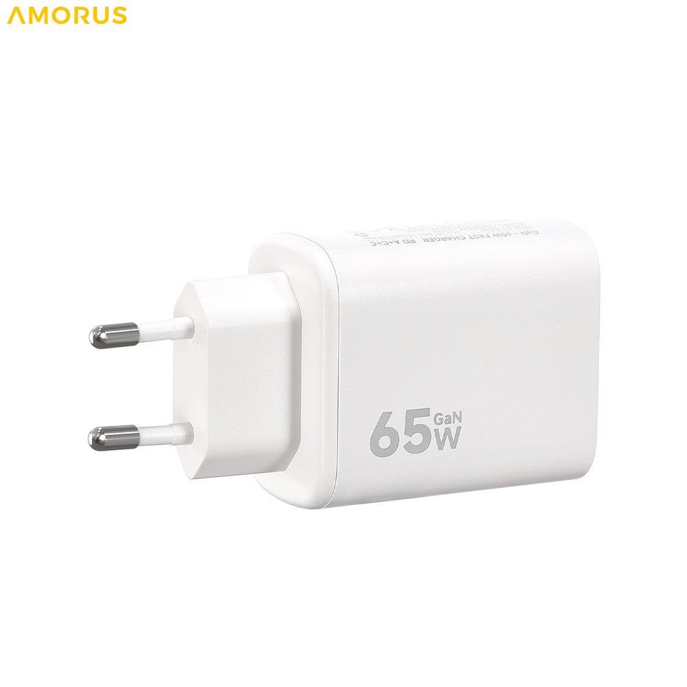 AMORUS PD 65W Fast Charging Wall Charger USB-A + Dual Type-C GaN Power Adapter for Laptop / Smartphone / Tablet, EU Plug