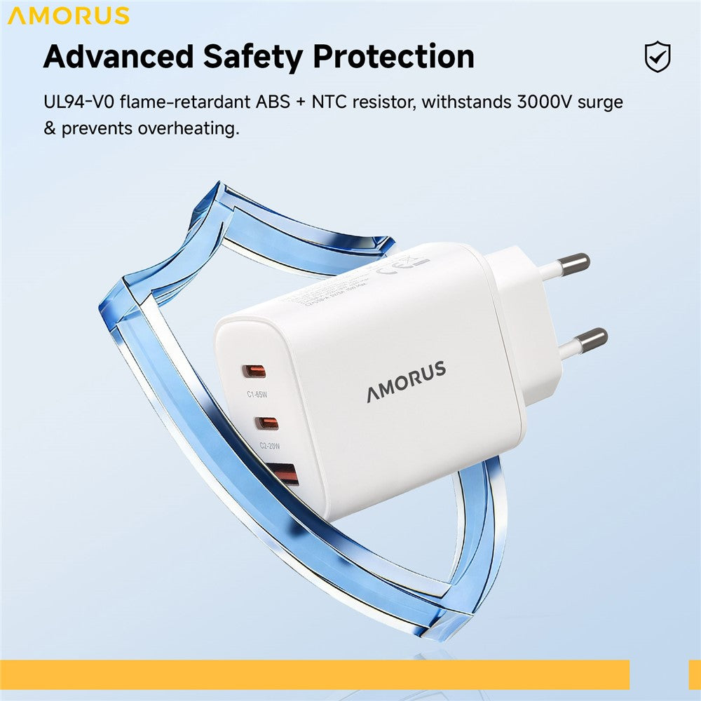 AMORUS PD 65W Fast Charging Wall Charger USB-A + Dual Type-C GaN Power Adapter for Laptop / Smartphone / Tablet, EU Plug