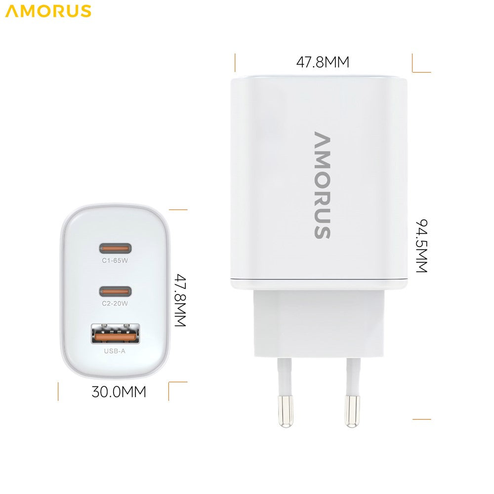 AMORUS PD 65W Fast Charging Wall Charger USB-A + Dual Type-C GaN Power Adapter for Laptop / Smartphone / Tablet, EU Plug