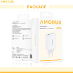 AMORUS PD 65W Fast Charging Wall Charger USB-A + Dual Type-C GaN Power Adapter for Laptop / Smartphone / Tablet, EU Plug