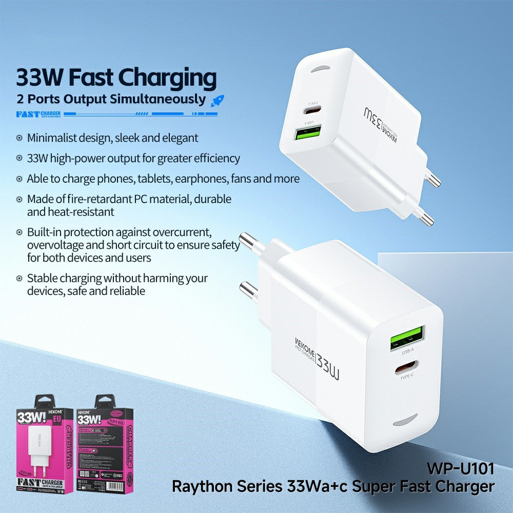 WEKOME WP-U101 33W Fast Charger Portable USB-A + Type-C Dual Port Power Adapter, EU Plug