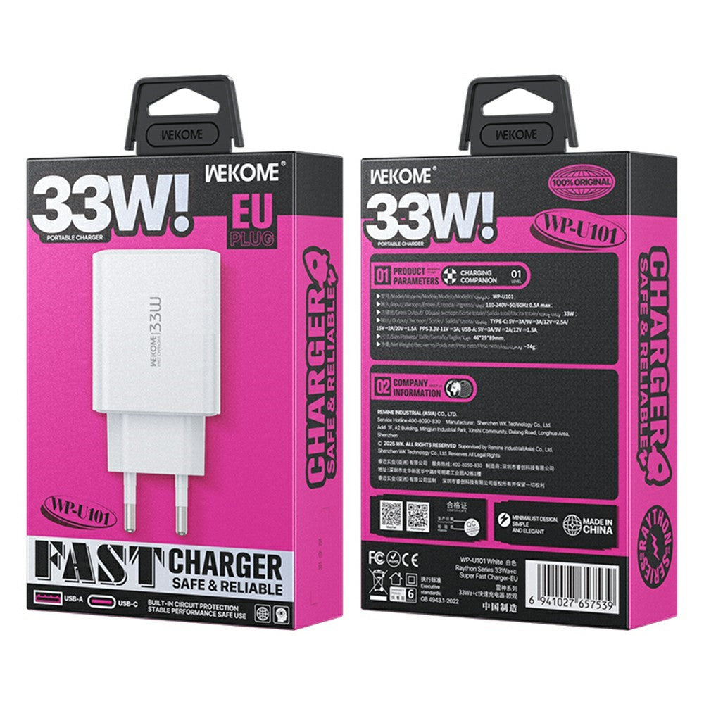 WEKOME WP-U101 33W Fast Charger Portable USB-A + Type-C Dual Port Power Adapter, EU Plug