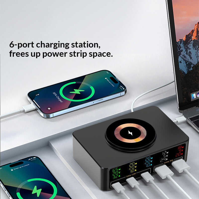 WLX-818C Smart Digital Display 140W Multi-Port USB Charger GaN Magnetic Wireless Charging Station