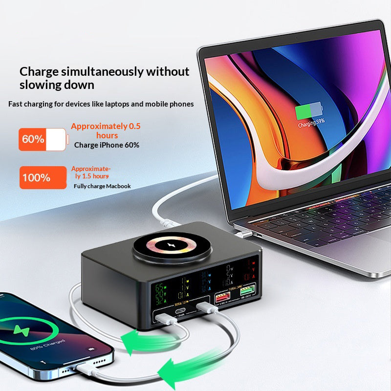 WLX-818C Smart Digital Display 140W Multi-Port USB Charger GaN Magnetic Wireless Charging Station