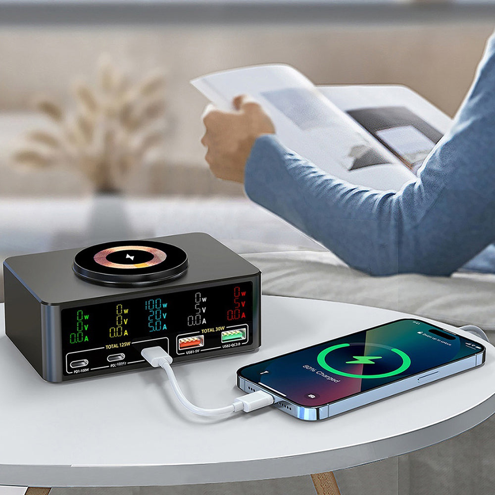 WLX-818C Smart Digital Display 140W Multi-Port USB Charger GaN Magnetic Wireless Charging Station