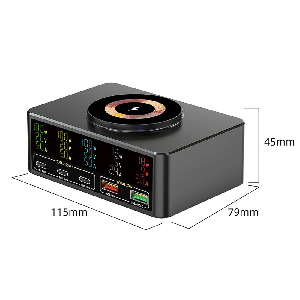 WLX-818C Smart Digital Display 140W Multi-Port USB Charger GaN Magnetic Wireless Charging Station