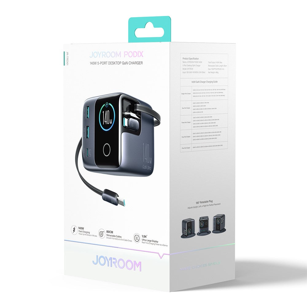 JOYROOM JR-TRD01 140W GaN Oplader 5-Port Desktop Hurtigopladningsstation med Udtrækkelige Kabler