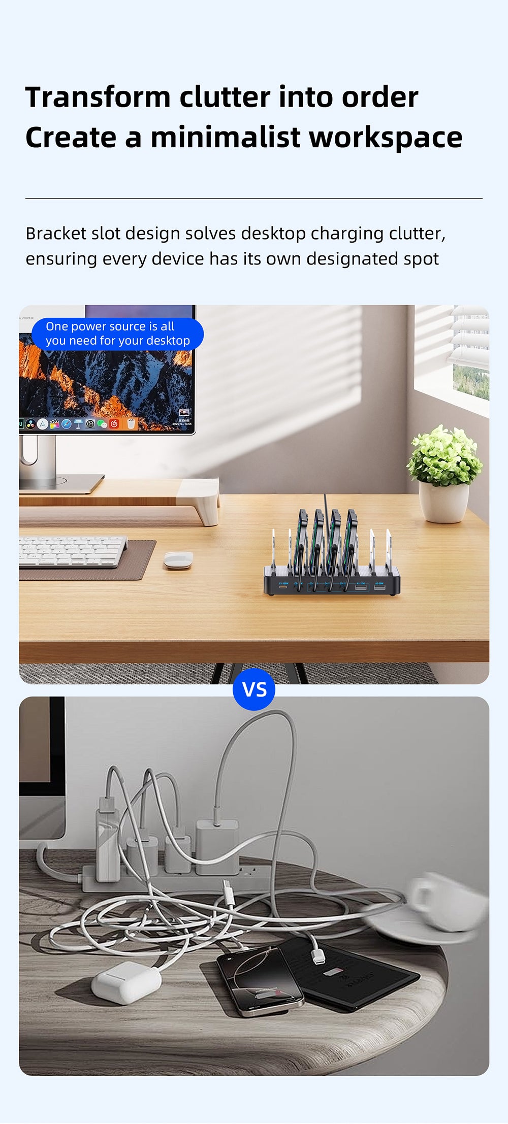 WLX-60H 288W GaN Multi Port Charger with Retractable Type-C Cable Desktop Charging Station for Phone/Tablet