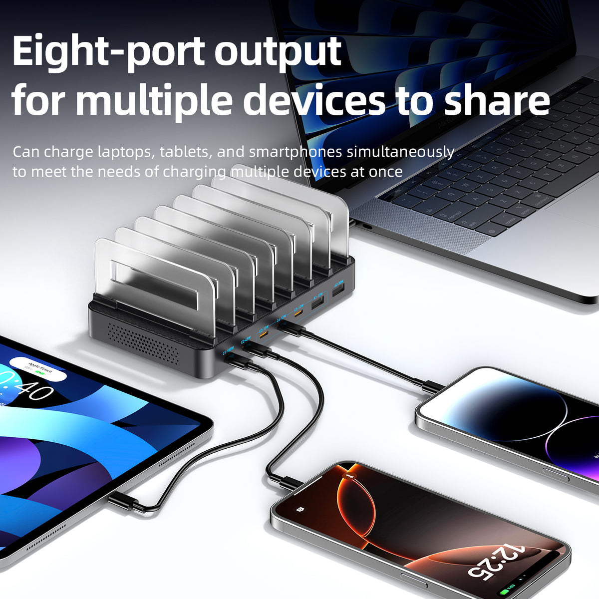 WLX-60H 288W GaN Multi Port Charger with Retractable Type-C Cable Desktop Charging Station for Phone/Tablet