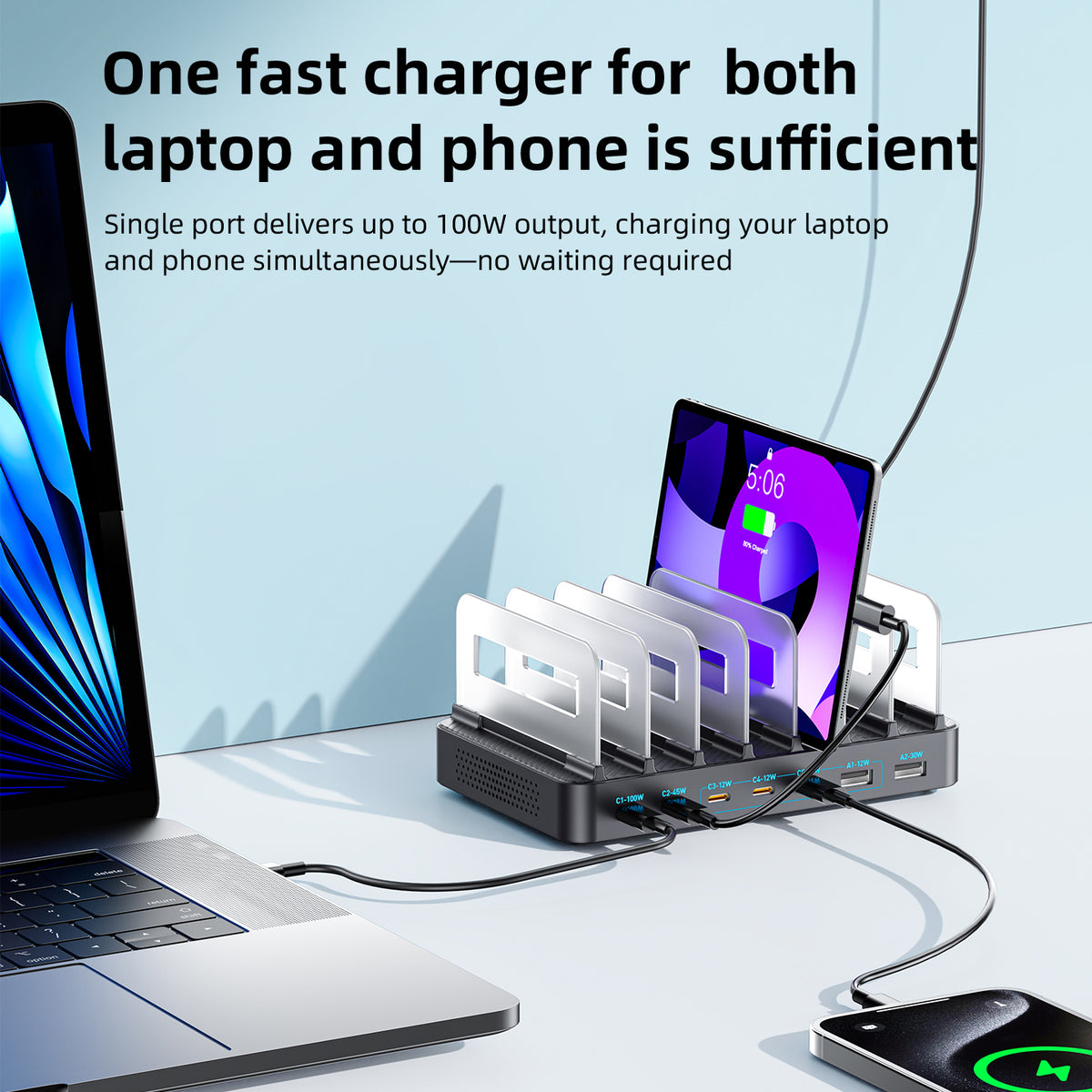 WLX-60H 288W GaN Multi Port Charger with Retractable Type-C Cable Desktop Charging Station for Phone/Tablet