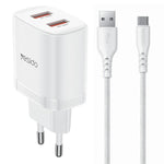 YESIDO YC104 Dual USB Port Charger PD 12W Fast Charging Power Adapter with USB Cable for Smartphones  /  Tablets, EU Plug