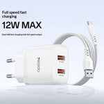 YESIDO YC104 Dual USB Port Charger PD 12W Fast Charging Power Adapter with USB Cable for Smartphones  /  Tablets, EU Plug