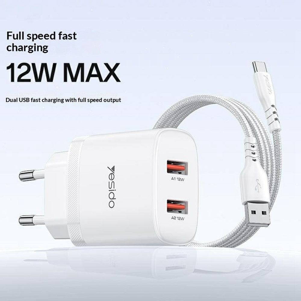 YESIDO YC104 Dual USB Port Charger PD 12W Fast Charging Power Adapter with USB Cable for Smartphones  /  Tablets, EU Plug