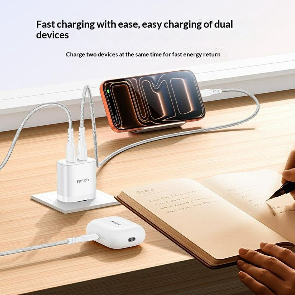YESIDO YC104 Dual USB Port Charger PD 12W Fast Charging Power Adapter with USB Cable for Smartphones  /  Tablets, EU Plug