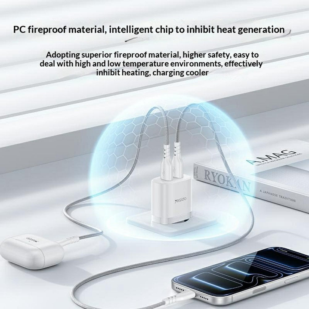 YESIDO YC104 Dual USB Port Charger PD 12W Fast Charging Power Adapter with USB Cable for Smartphones  /  Tablets, EU Plug