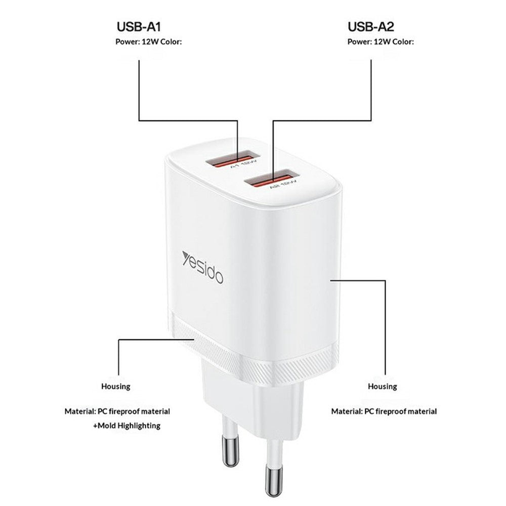 YESIDO YC104 Dual USB Port Charger PD 12W Fast Charging Power Adapter with USB Cable for Smartphones  /  Tablets, EU Plug