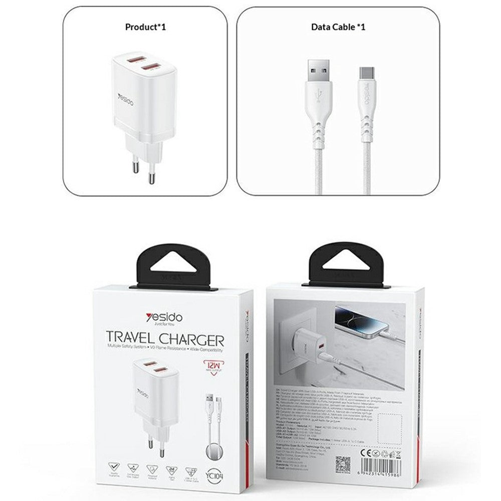 YESIDO YC104 Dual USB Port Charger PD 12W Fast Charging Power Adapter with USB Cable for Smartphones  /  Tablets, EU Plug