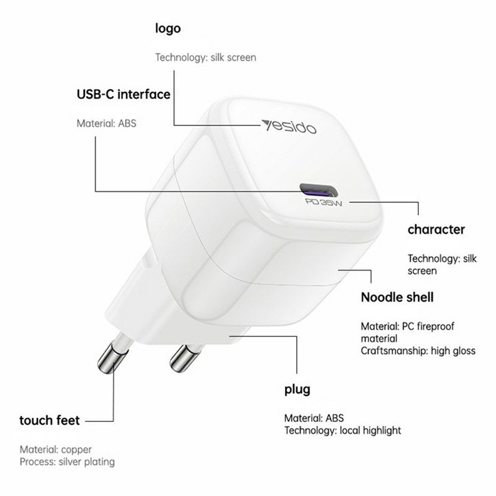 YESIDO YC103 PD 35W GaN Vægoplader USB-C Hurtig Opladning Strømadapter Kompakt Rejse Telefonoplader, EU-stik